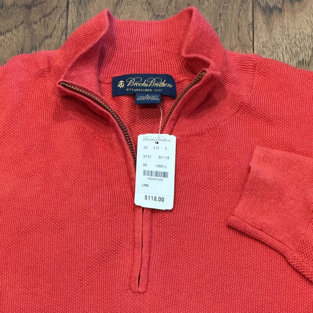 Brooks Brothers Mens Cotton Silk Cashmere Quarter Zip Sweater Coral Orange L NEW